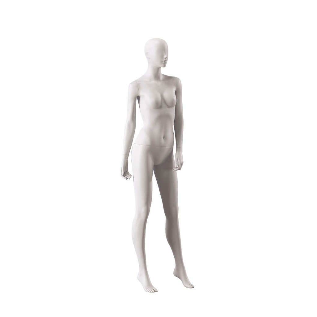 BINK - Mannequin de vitrine femme, avec tête semi-abstraite, socle rond en verre, soft clay matt, pose 003