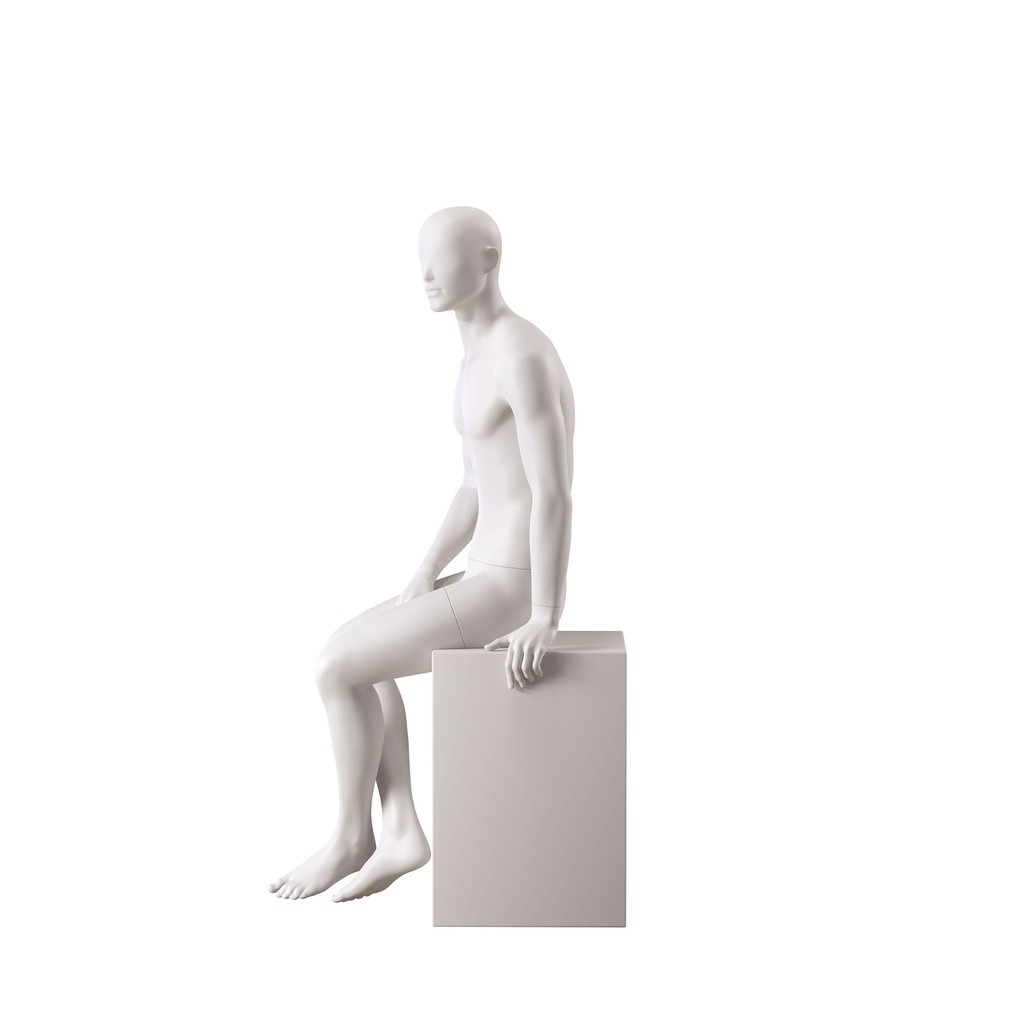 BINK - Mannequin de vitrine homme, avec tête semi-abstraite, soft clay matt, pose assise 107