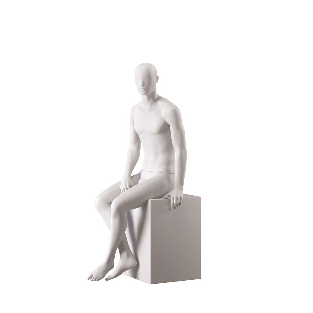 BINK - Mannequin de vitrine homme, avec tête semi-abstraite, soft clay matt, pose assise 107