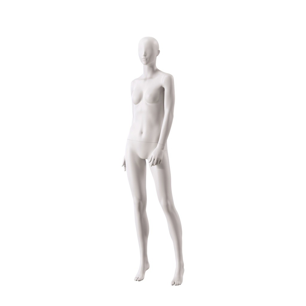 BINK - Mannequin de vitrine femme, avec tête semi-abstraite, socle rond en verre, soft clay matt, pose 003