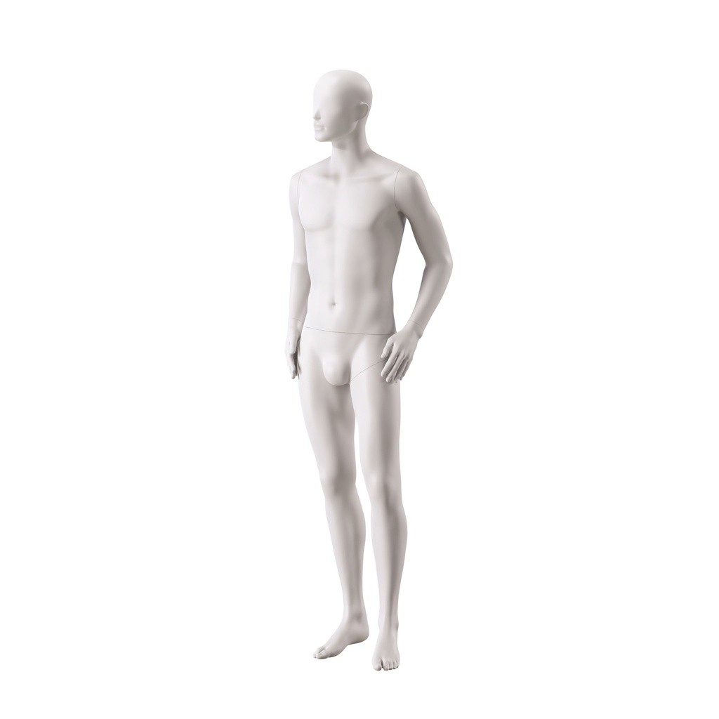 BINK - Mannequin de vitrine homme, avec tête semi-abstraite, socle rond en verre, soft clay matt, pose 106
