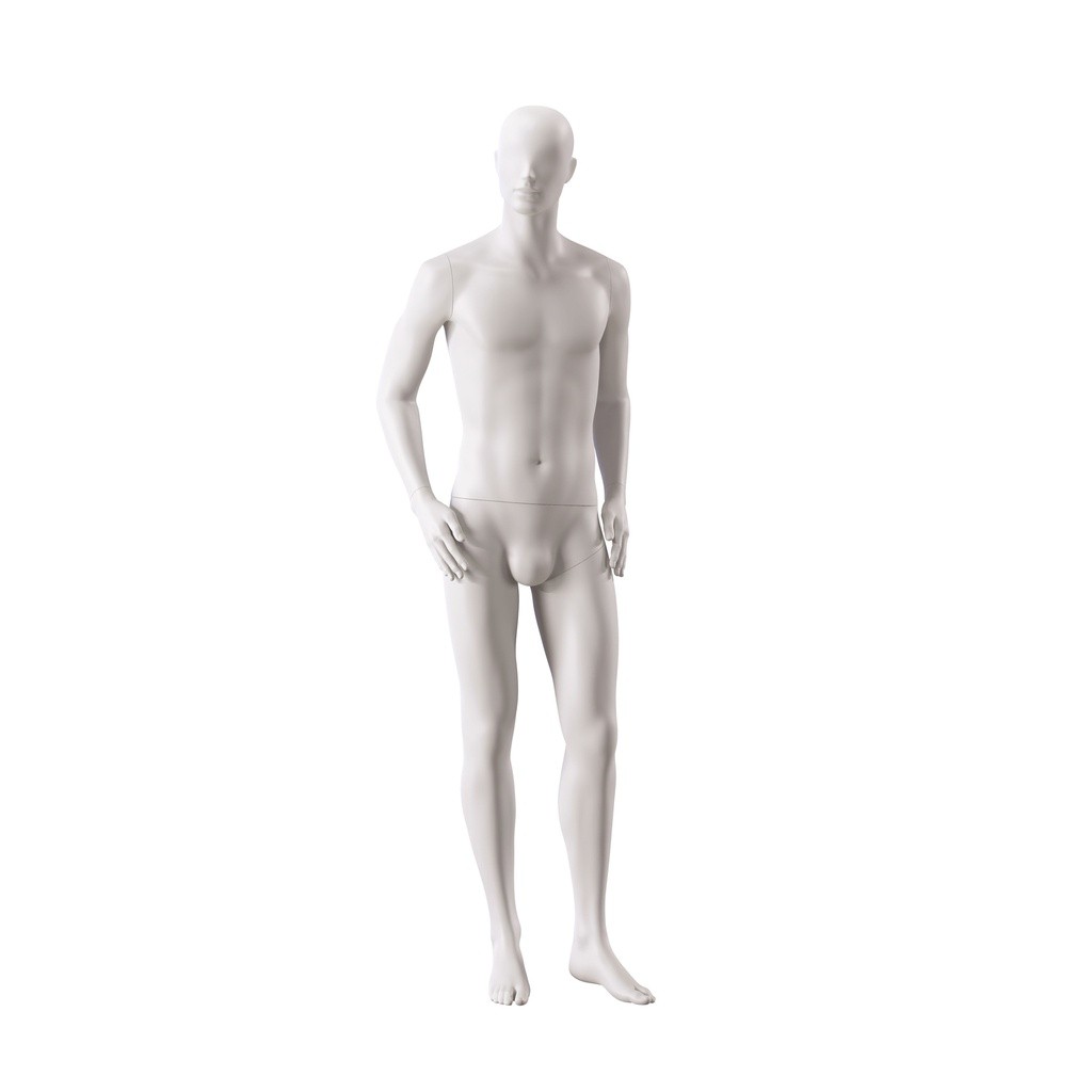 BINK - Mannequin de vitrine homme, avec tête semi-abstraite, socle rond en verre, soft clay matt, pose 106