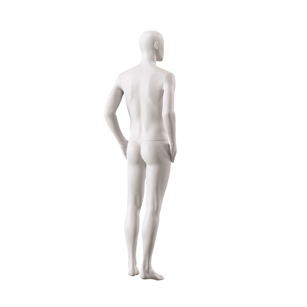 BINK - Mannequin de vitrine homme, avec tête semi-abstraite, socle rond en verre, soft clay matt, pose 106